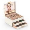 Jewelry Box with LED Mirror 3-Layer Jewelry Organizer with 2 Drawers PU Jewelry Holder with 3 Mirror Light Colors Dimmable for Earrings Rings Bracelet