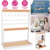 4-Tier Tabletop Wooden Jewelry Display Stand Necklace Accessories Holder Organizer Rack Hanger with Ring Tray 8 Hooks 24 Earring Holes