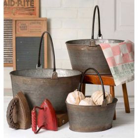 Set of Three Round Metal Buckets with Handles - Rustic Farmhouse Decor