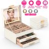 Jewelry Box with LED Mirror 3-Layer Jewelry Organizer with 2 Drawers PU Jewelry Holder with 3 Mirror Light Colors Dimmable for Earrings Rings Bracelet