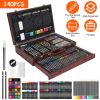 140Pcs Art Supplies With Colored Pencils Oil Pastels Crayons, Watercolor Cakes Brushes Sharpener Eraser In Elegant Wooden Box Professional Art Kit For