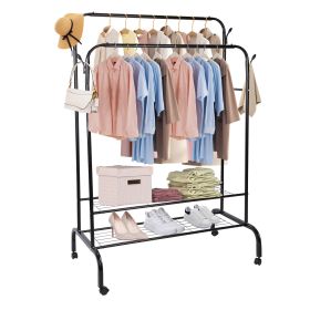 Garment Hanging Rack Clothing Hanging Rail Pillow Shoe Display Organizer Clothes Organizer Stand with 2 Rails 2 Shelves 4 Rolling Wheels 4 Hooks (Option: Black)