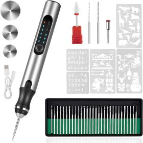Electric Engraving Pen with 33Pcs Burr Bits 5Pcs Stencils 3 Gears Speed Rechargeable Cordless Professional Engraver Etching Machine For Jewelry Glass (Option: Silver)