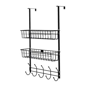 Over The Door Hooks Organizer Door Towel Rack Hanger 5 Hooks with 2 Metal Baskets for Bathroom Bedroom Kitchen Storage Shelf (Option: Black)