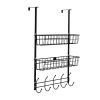 Over The Door Hooks Organizer Door Towel Rack Hanger 5 Hooks with 2 Metal Baskets for Bathroom Bedroom Kitchen Storage Shelf