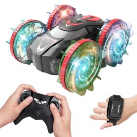 2 In 1 Amphibious RC Car Waterproof Stunt Car with Wrist Controller 4WD 360° Rotating Gesture Car with RGB Lights for Kids Aged 6+ Years Old Double-si (Option: Red)