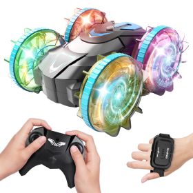 2 In 1 Amphibious RC Car Waterproof Stunt Car with Wrist Controller 4WD 360° Rotating Gesture Car with RGB Lights for Kids Aged 6+ Years Old Double-si (Option: Blue)
