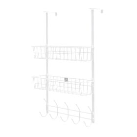 Over The Door Hooks Organizer Door Towel Rack Hanger 5 Hooks with 2 Metal Baskets for Bathroom Bedroom Kitchen Storage Shelf (Option: Silver)